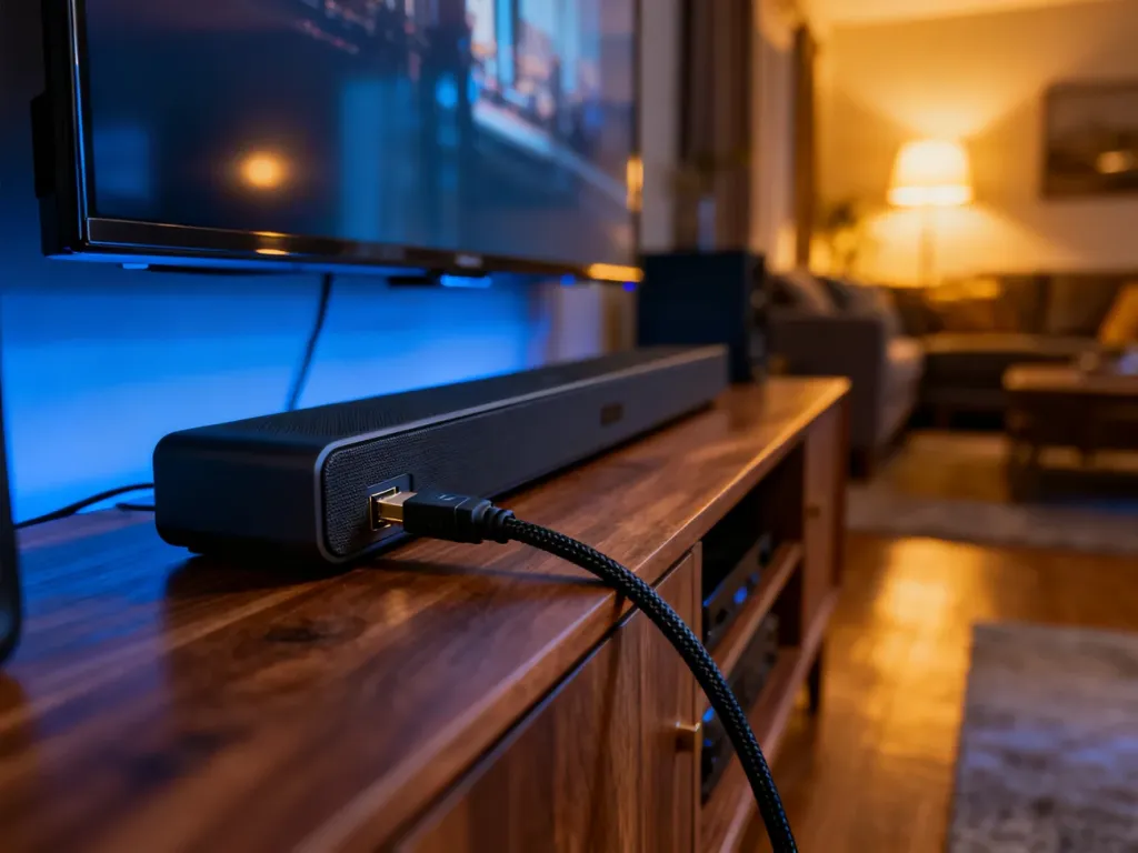 Nowoczesny soundbar podłączony do telewizora za pomocą kabla HDMI na drewnianej szafce RTV w przytulnym salonie.
