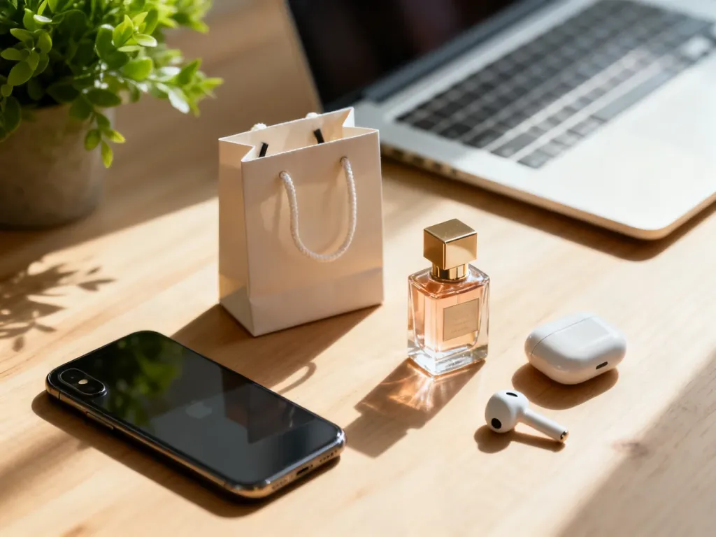 Stylowe biurko z telefonem, perfumami i słuchawkami bezprzewodowymi, podkreślające nowoczesny, premium charakter zakupów.