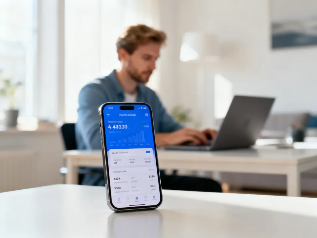 Smartfon z otwartą aplikacją finansową na biurku w nowoczesnym biurze, symbolizujący łatwe zarządzanie płatnościami.