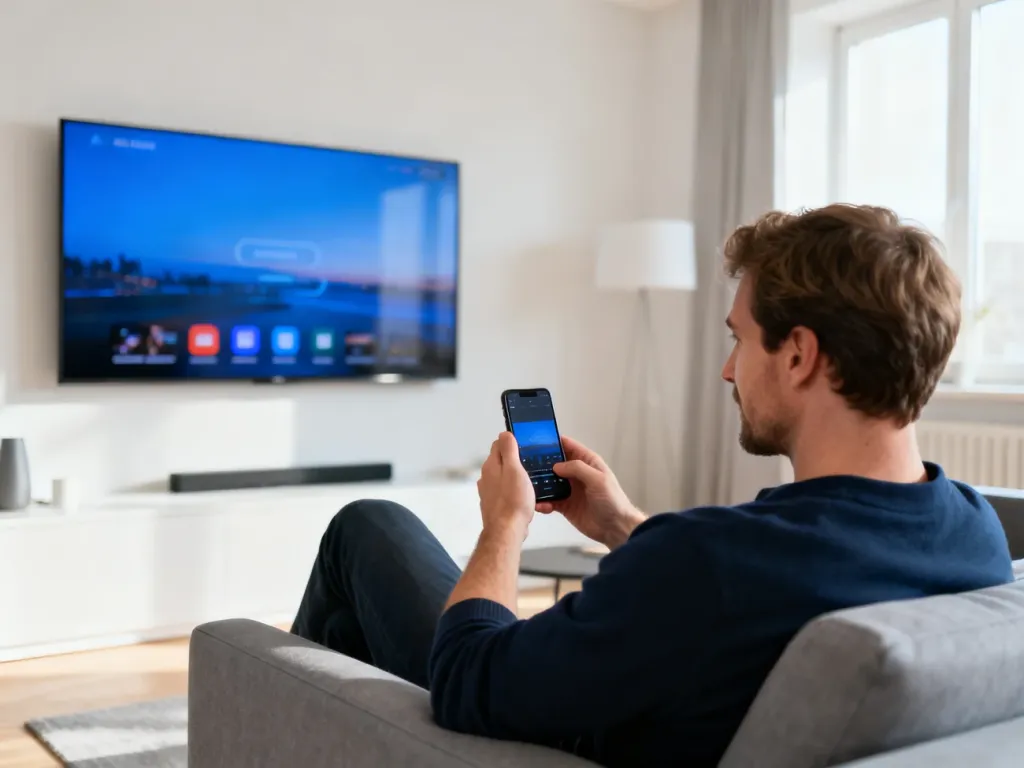 Mężczyzna siedzący na kanapie przesyła bezprzewodowo obraz ze smartfona na duży telewizor za pomocą funkcji AirPlay.