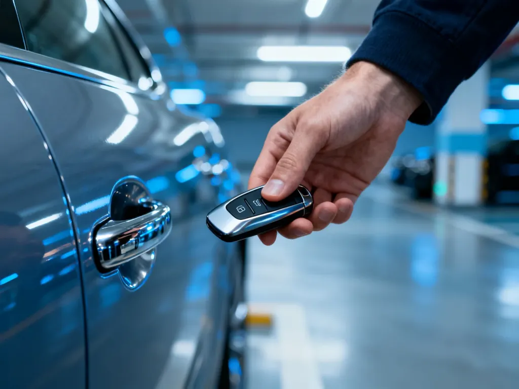 Dłoń trzymająca nowoczesny kluczyk zbliżająca się do klamki luksusowego samochodu w systemie keyless.