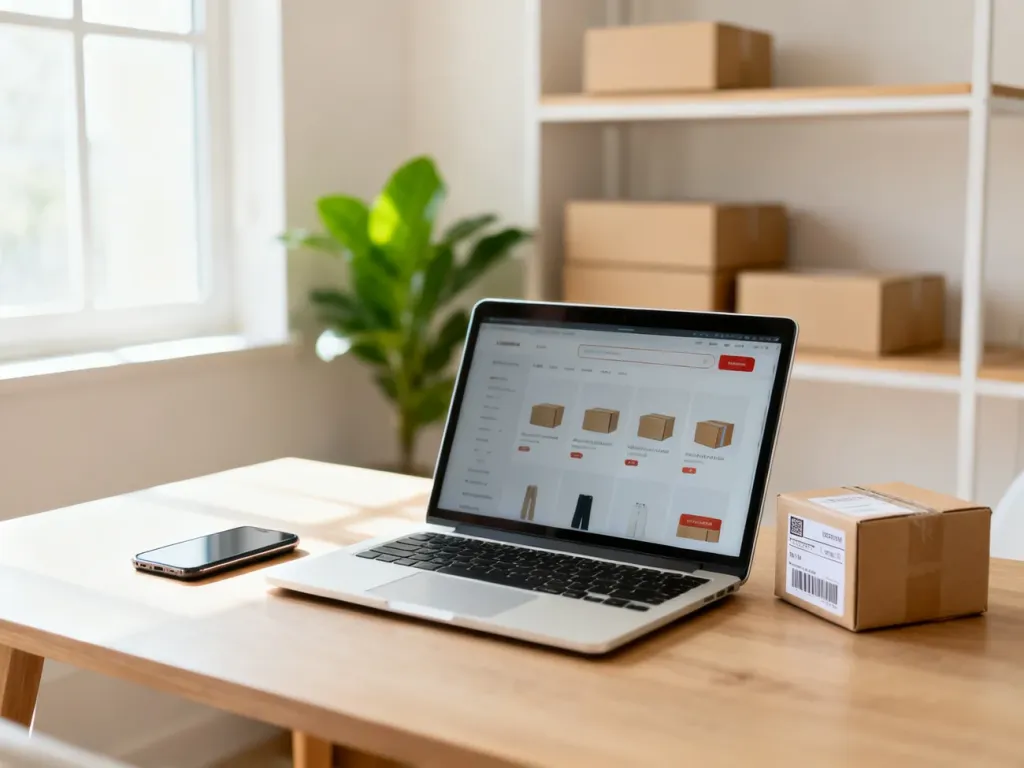 Nowoczesne biurko z laptopem pokazującym prosty marketplace, telefonem i paczką, symbolizujące zakupy i sprzedaż na eBay.