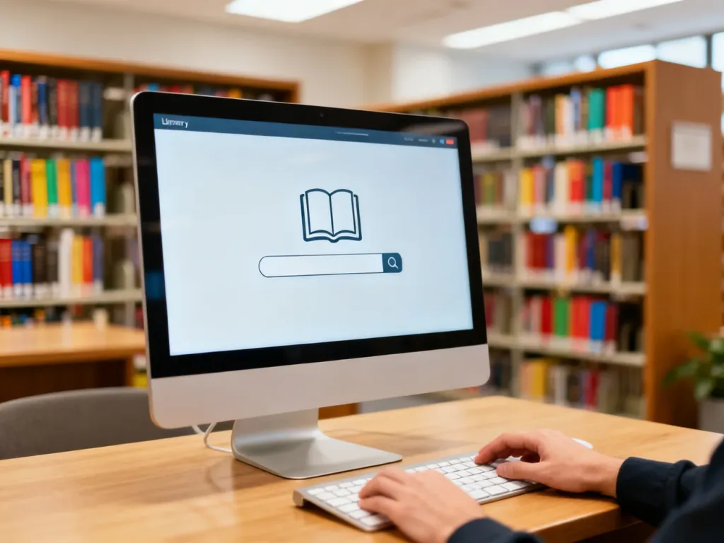 Osoba korzystająca z komputerowego katalogu bibliotecznego w nowoczesnej, jasnej czytelni z regałami pełnymi książek w tle.