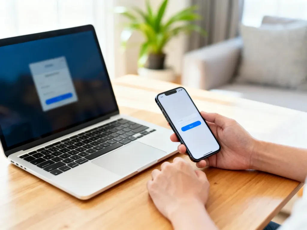 Osoba loguje się na telefonie i laptopie jednocześnie, ilustrując proces logowania i zakładania konta OLX.