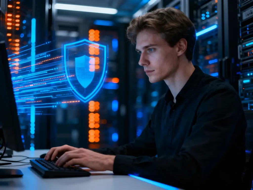 Specjalista ds. cyberbezpieczeństwa pracujący przy nowoczesnym stanowisku komputerowym na tle serwerowni.