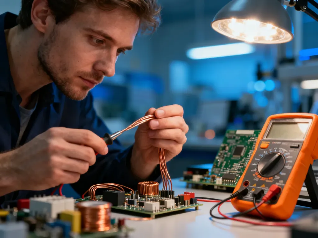 Mężczyzna w warsztacie elektronicznym trzyma miedziany przewód, a na pierwszym planie widoczny jest multimetr i podzespoły.
