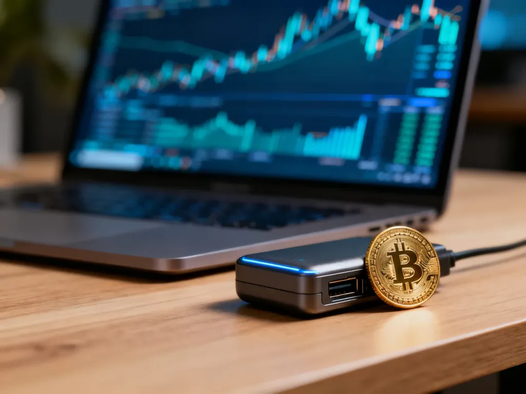 Portfel sprzętowy do kryptowalut leżący na drewnianym biurku w tle z wykresami finansowymi na ekranie laptopa.