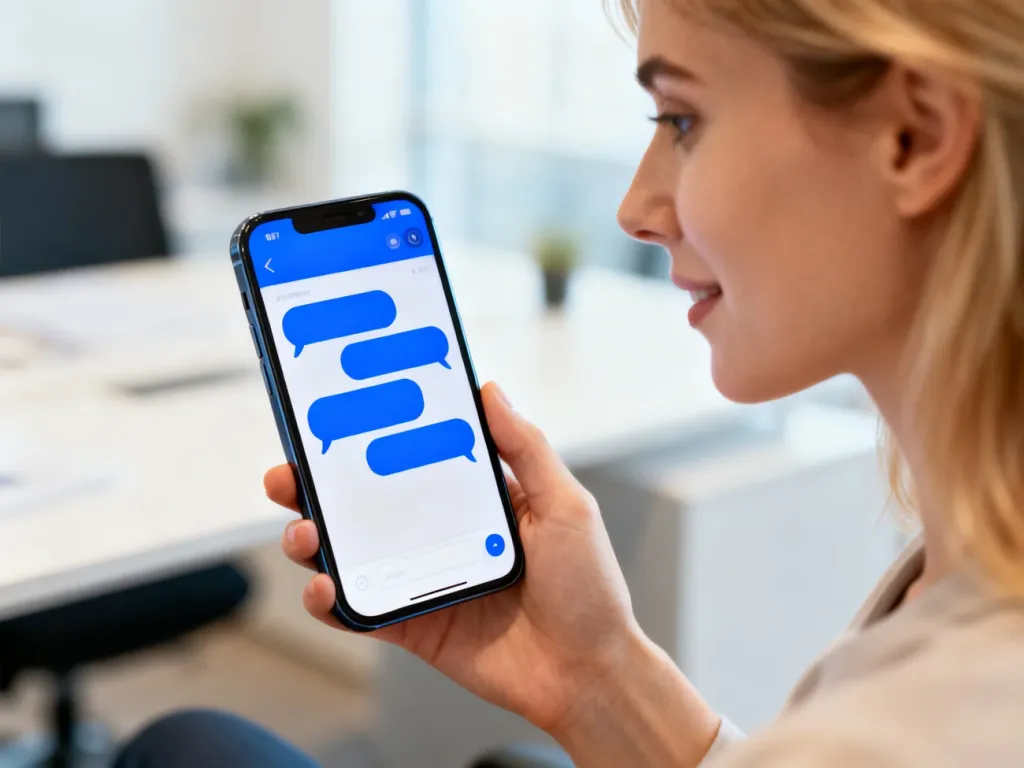 Dłoń trzymająca smartfon z otwartym interfejsem aplikacji iMessage z charakterystycznymi niebieskimi dymkami czatu.