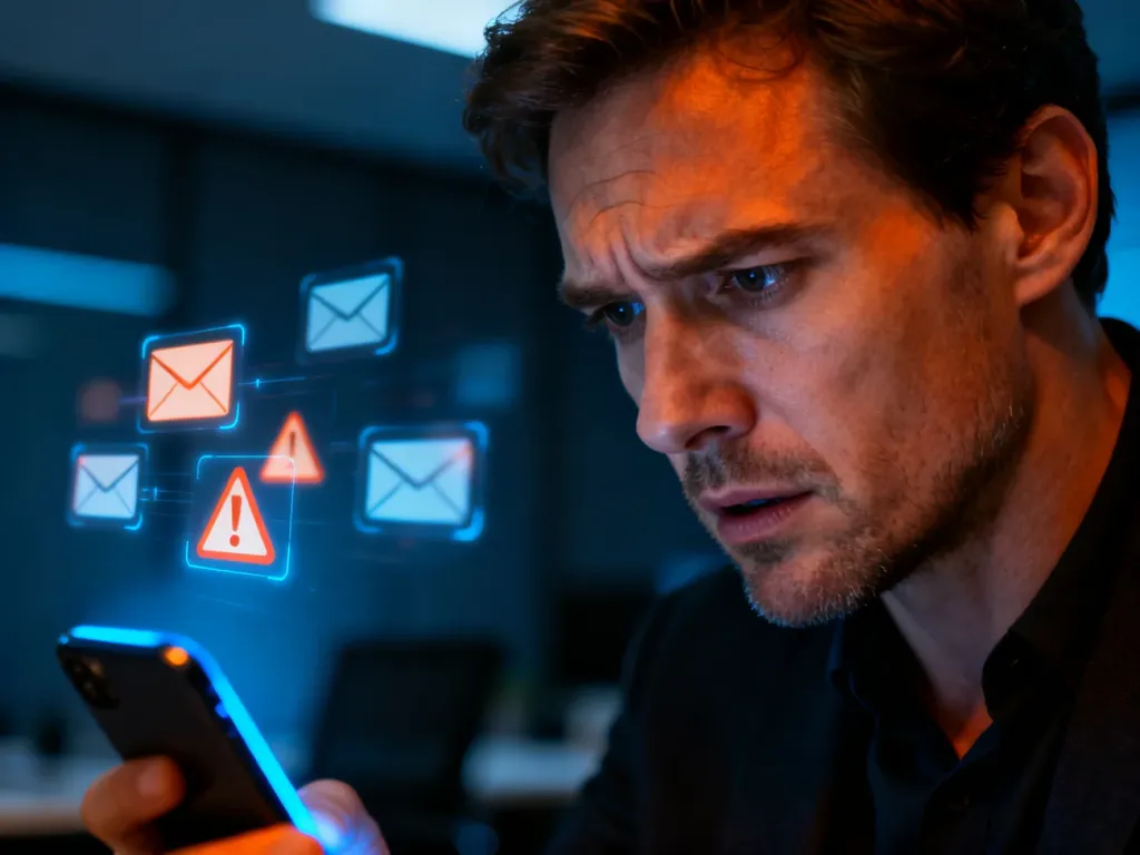 Zirytowany mężczyzna patrzący na ekran smartfona w ciemnym biurze, symbolizujący frustrację z otrzymywania wiadomości noreply.
