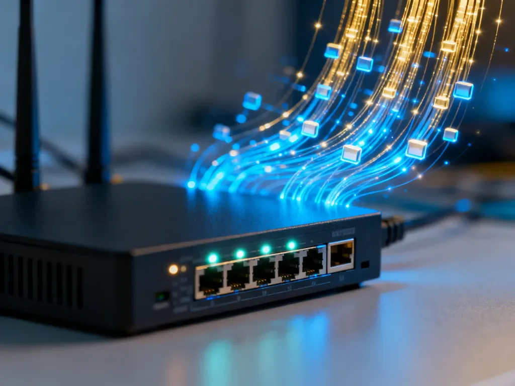 Nowoczesny router sieciowy z migającymi diodami na tle wizualizacji przepływu danych, symbolizujący zarządzanie ruchem sieciowym.