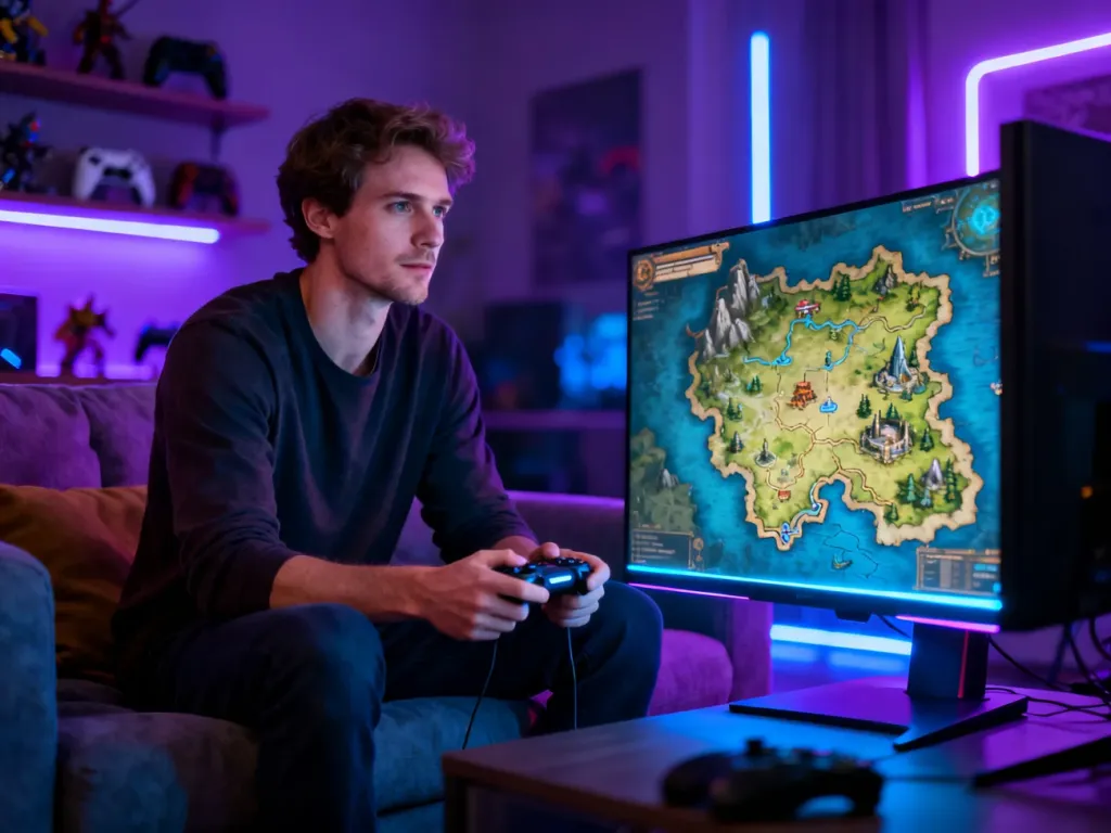 Gracz siedzący na kanapie przed monitorem z mapą gry RPG w nastrojowym, gamingowym pokoju.