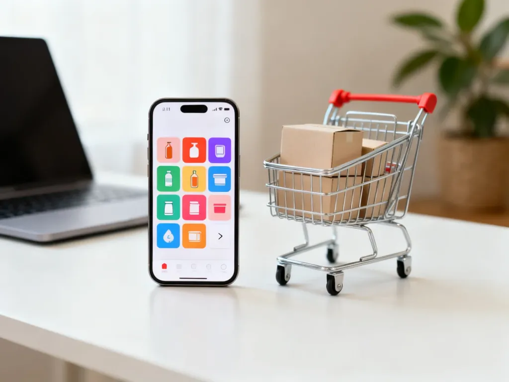 Smartfon z kolorową aplikacją zakupową i miniaturowy wózek sklepowy na biurku, domowe biuro w tle