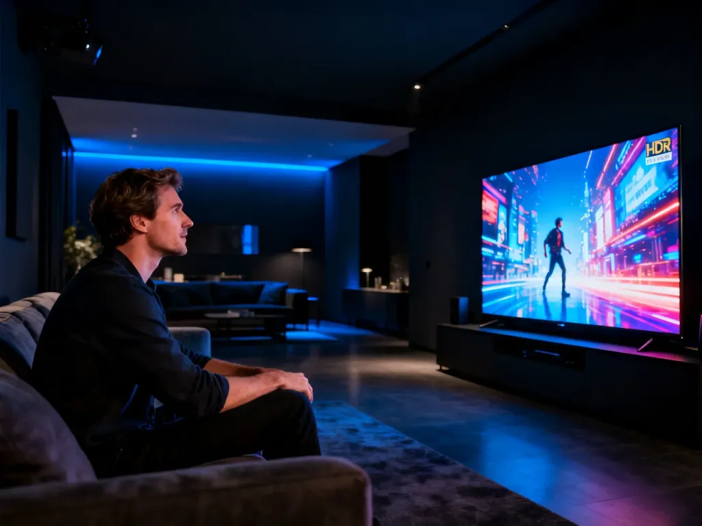 Mężczyzna oglądający film na nowoczesnym telewizorze z technologią HDR, prezentujący głęboką czerń i żywe kolory.