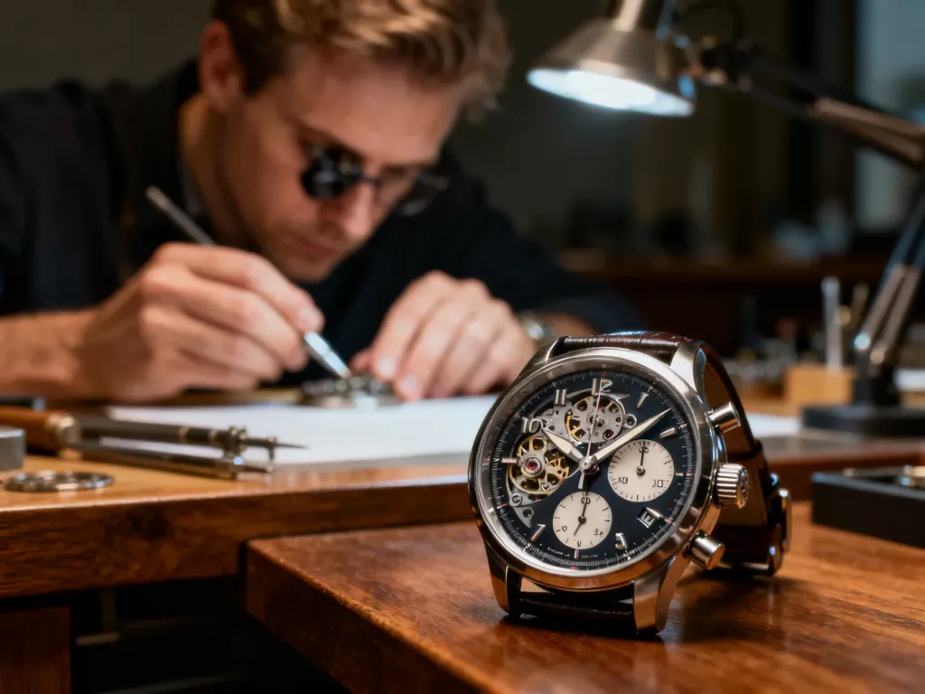 Zbliżenie na tarczę mechanicznego chronografu, w tle rozmyty zegarmistrz pracujący przy stole warsztatowym.