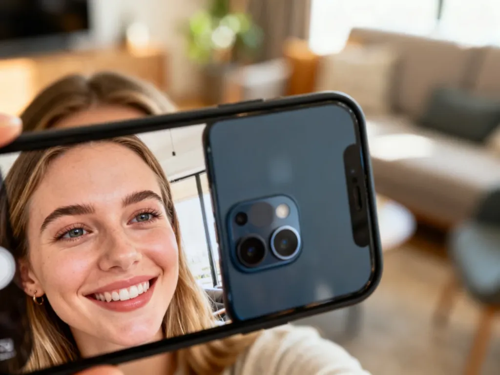 Młoda kobieta robi sobie autentyczne zdjęcie typu selfie za pomocą aplikacji BeReal w przytulnym salonie.