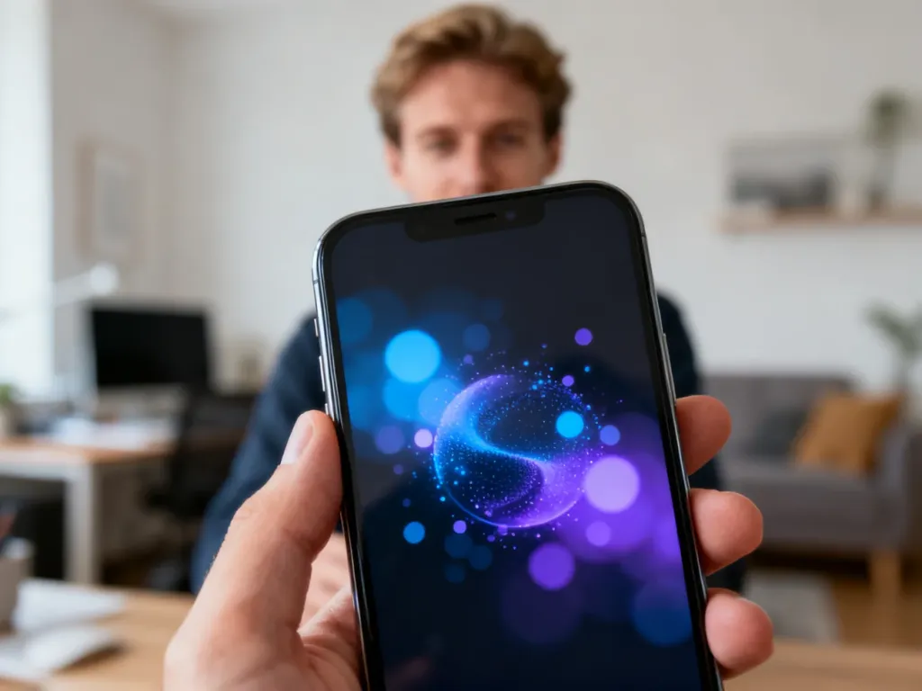Nowoczesny smartfon z wyświetlonym interfejsem asystenta głosowego Bixby w przytulnym domowym biurze.