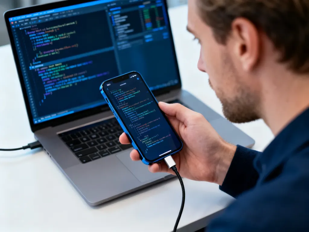 Mężczyzna podłączający smartfon do laptopa za pomocą kabla USB w celu wpisania komend w trybie Fastboot.